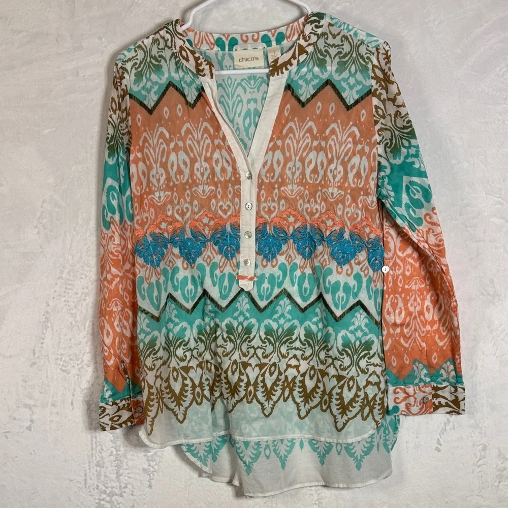 Chico's Embordered Beaded Cotton Pull Over Blouse Medium